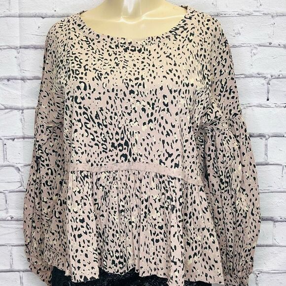 Fate Womens Pink Leopard Print Balloon Sleeves Tiered Peplum Top Size Small - Picture 1 of 6